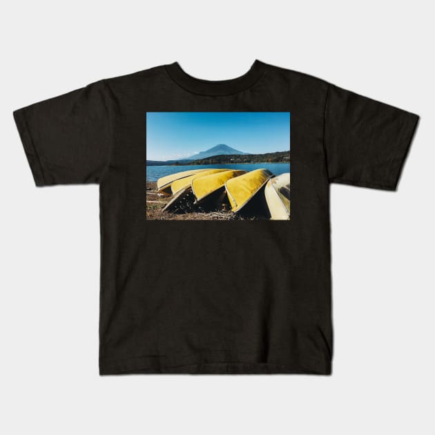 Mount Fuji - Yellow Canoes on Lake Yamanaka Shore (Japan) Kids T-Shirt by visualspectrum